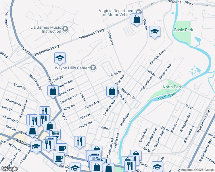 map of restaurants, bars, coffee shops, grocery stores, and more near 513 King Avenue in Waynesboro