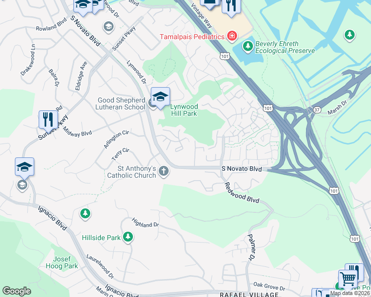 map of restaurants, bars, coffee shops, grocery stores, and more near 37 Larkspur Lane in Novato