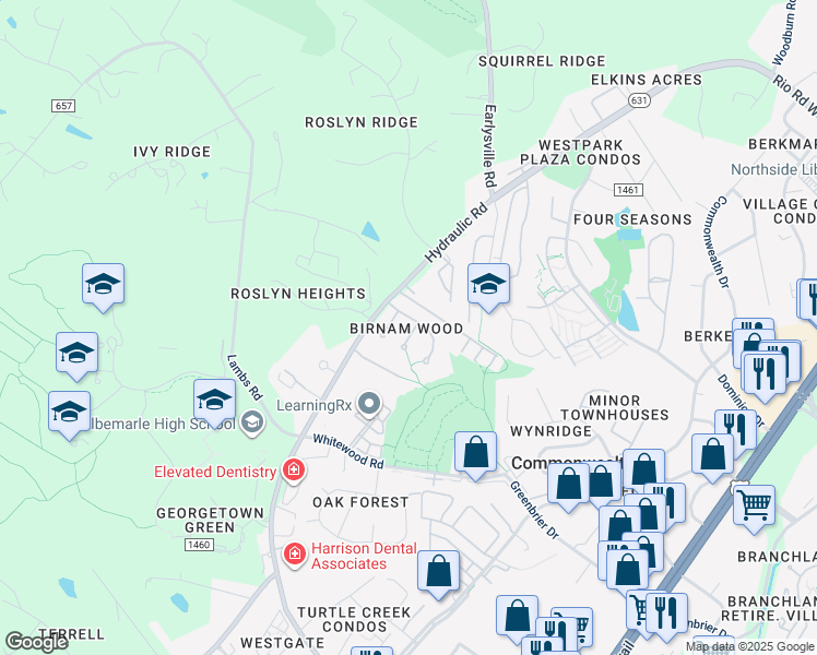 map of restaurants, bars, coffee shops, grocery stores, and more near 122 Blithe Ct in Charlottesville