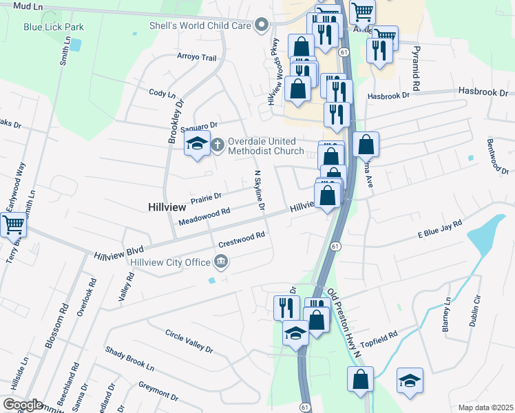 map of restaurants, bars, coffee shops, grocery stores, and more near 109 Meadowood Road in Louisville