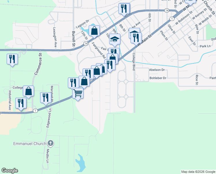 map of restaurants, bars, coffee shops, grocery stores, and more near 200-298 April Avenue in Carmi