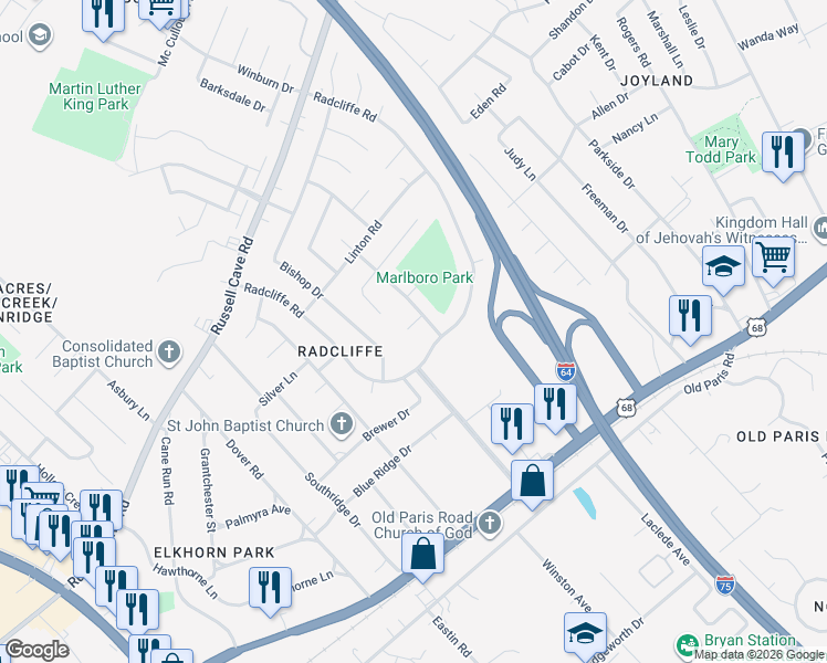 map of restaurants, bars, coffee shops, grocery stores, and more near 1839 Donco Court in Lexington