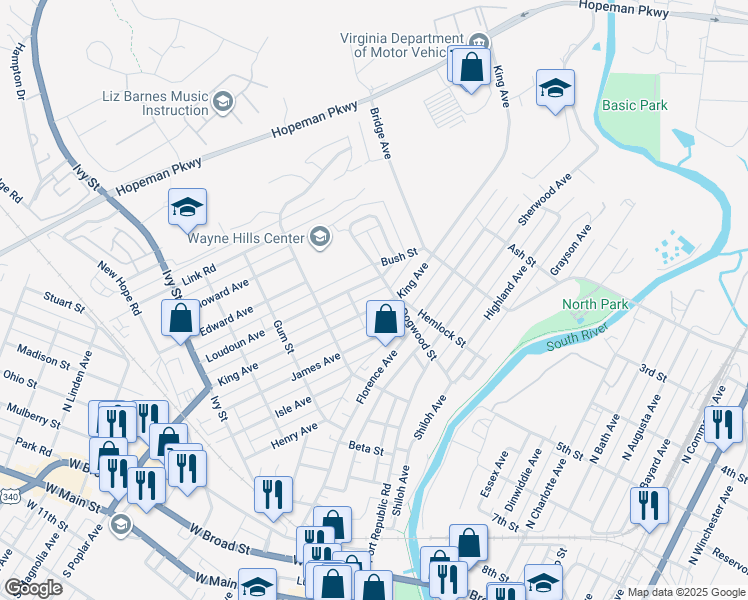 map of restaurants, bars, coffee shops, grocery stores, and more near 517 King Avenue in Waynesboro