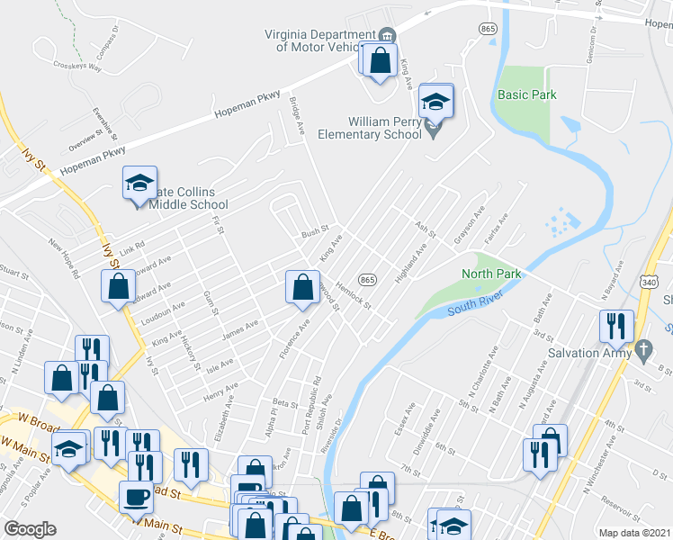 map of restaurants, bars, coffee shops, grocery stores, and more near 609 Florence Ave in Waynesboro