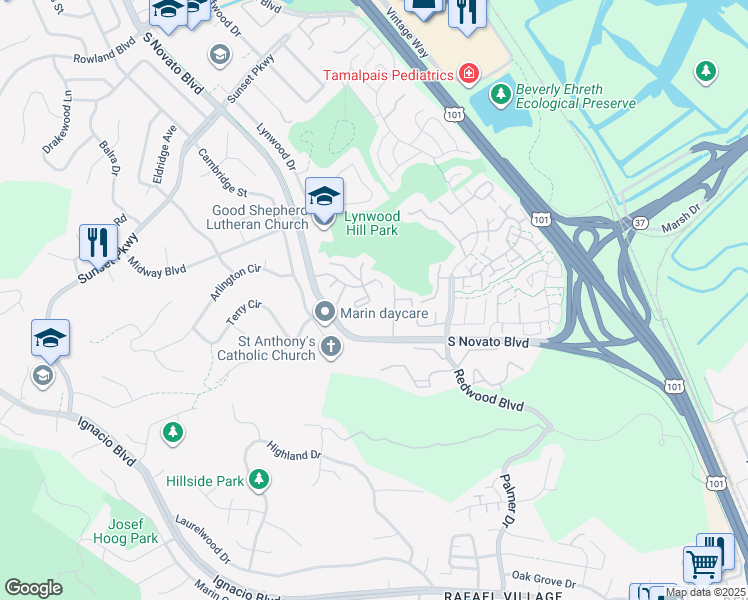 map of restaurants, bars, coffee shops, grocery stores, and more near 37 Larkspur Lane in Novato