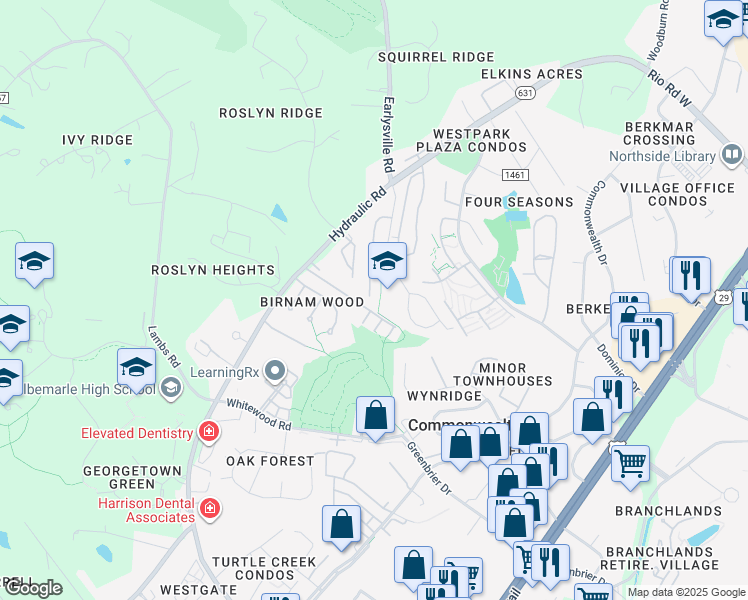 map of restaurants, bars, coffee shops, grocery stores, and more near 1548 Cool Spring Road in Charlottesville