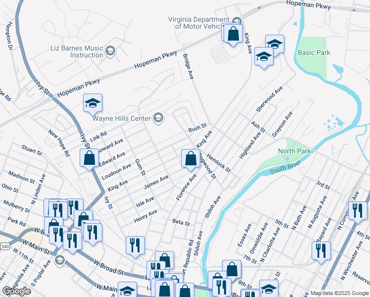 map of restaurants, bars, coffee shops, grocery stores, and more near 517 King Avenue in Waynesboro