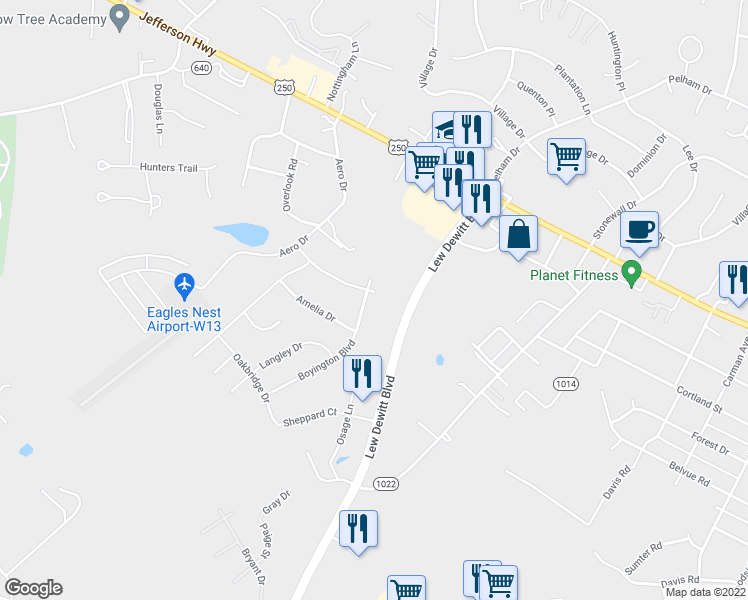 map of restaurants, bars, coffee shops, grocery stores, and more near 89 Bridgeport Drive in Waynesboro