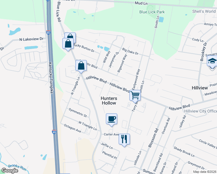 map of restaurants, bars, coffee shops, grocery stores, and more near 11300 Angelina Road in Louisville