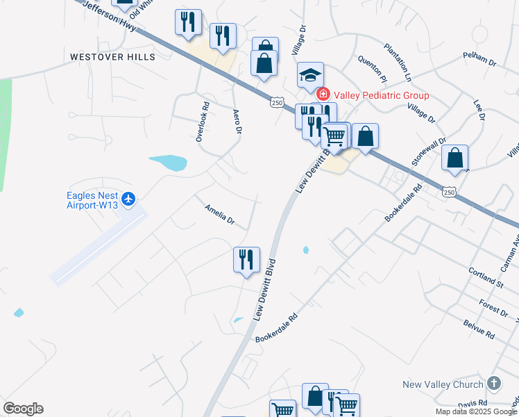 map of restaurants, bars, coffee shops, grocery stores, and more near 89 Bridgeport Drive in Waynesboro