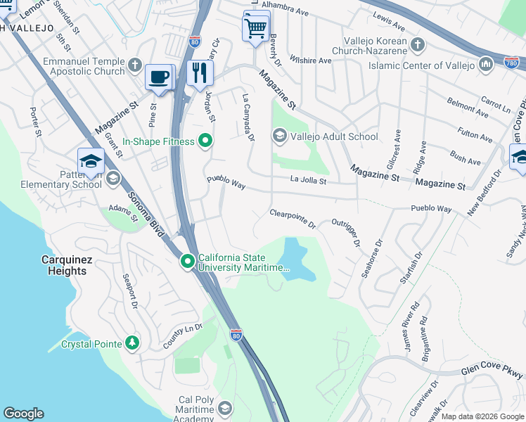 map of restaurants, bars, coffee shops, grocery stores, and more near 200 Clearpointe Drive in Vallejo