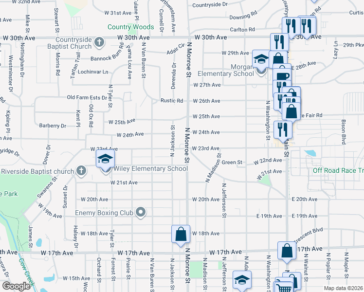 map of restaurants, bars, coffee shops, grocery stores, and more near 2301 North Monroe Street in Hutchinson