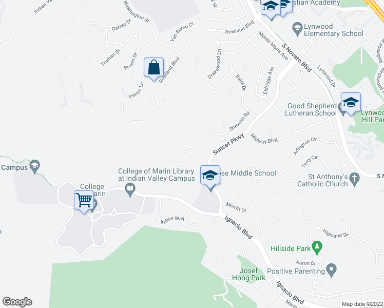 map of restaurants, bars, coffee shops, grocery stores, and more near 155 Indian Hills Dr in Novato