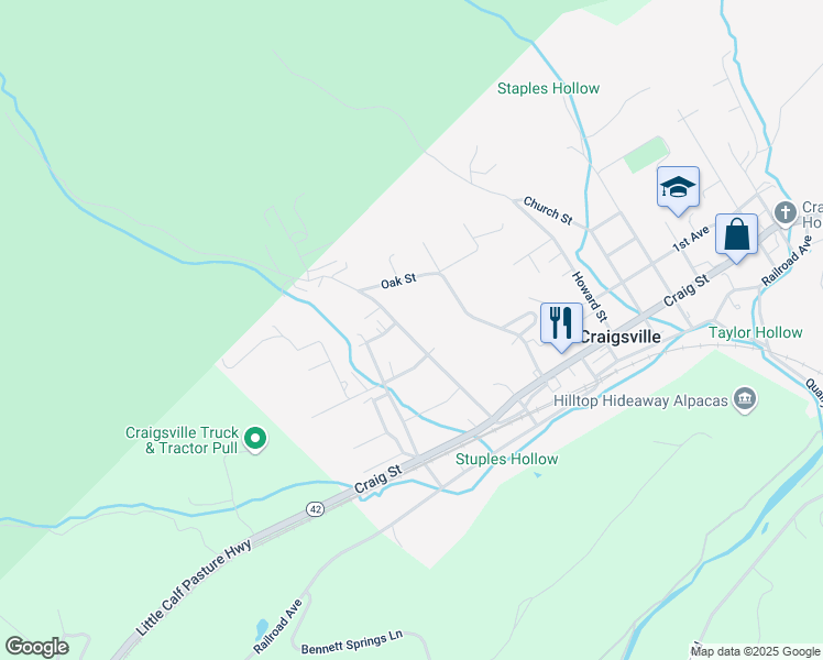map of restaurants, bars, coffee shops, grocery stores, and more near 135 Chestnut Avenue in Craigsville