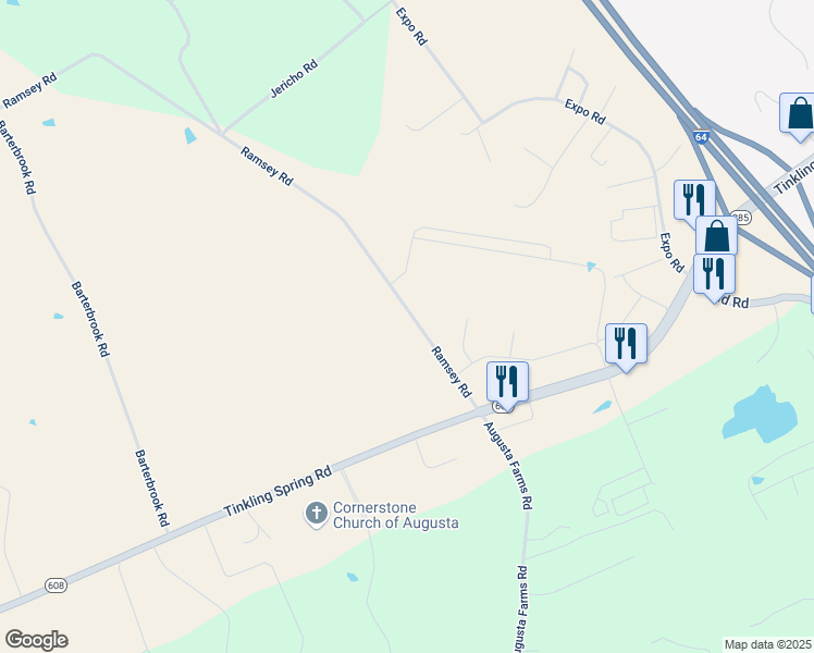 map of restaurants, bars, coffee shops, grocery stores, and more near 445 Ramsey Road in Fishersville
