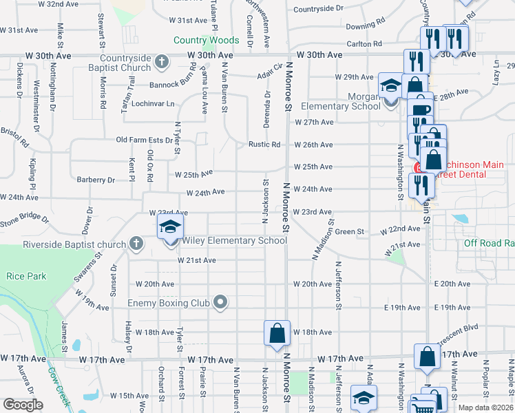 map of restaurants, bars, coffee shops, grocery stores, and more near 606 West 23rd Avenue in Hutchinson
