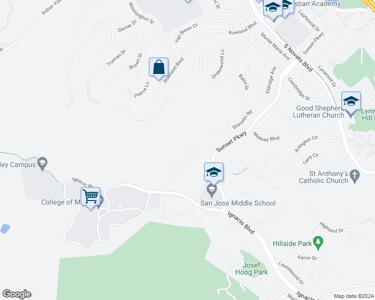 map of restaurants, bars, coffee shops, grocery stores, and more near 167 Indian Hills Drive in Novato
