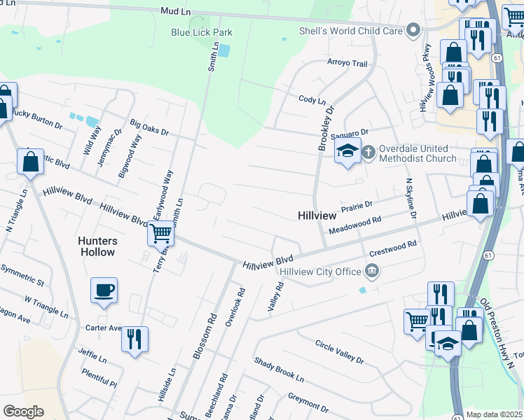 map of restaurants, bars, coffee shops, grocery stores, and more near 630 Prairie Drive in Louisville