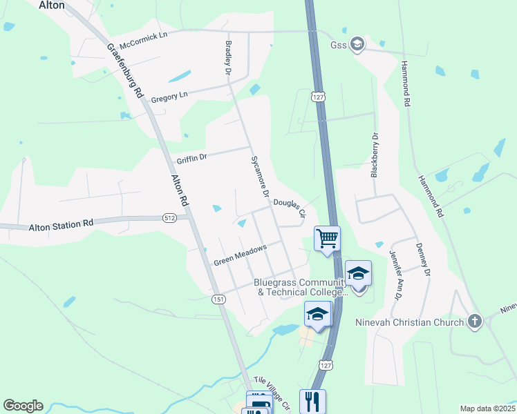 map of restaurants, bars, coffee shops, grocery stores, and more near 1304 Pine Meadows Drive in Lawrenceburg