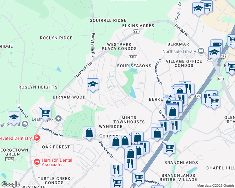 map of restaurants, bars, coffee shops, grocery stores, and more near 1119 Timber Trail Drive in Charlottesville