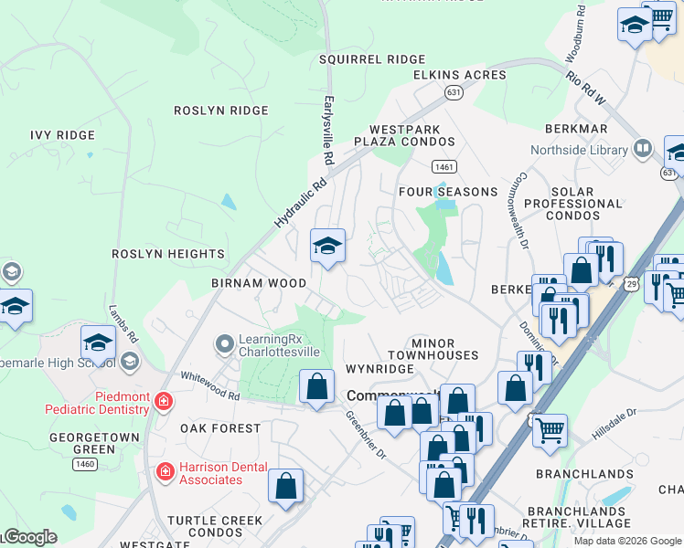 map of restaurants, bars, coffee shops, grocery stores, and more near 180 Townwood Drive in Charlottesville