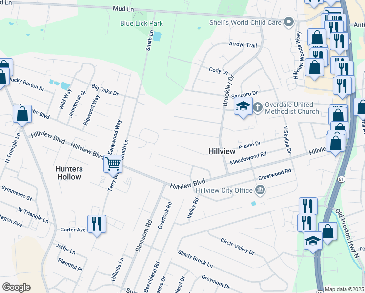 map of restaurants, bars, coffee shops, grocery stores, and more near 570 Prairie Drive in Louisville