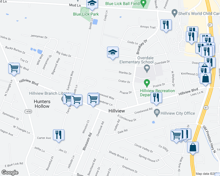 map of restaurants, bars, coffee shops, grocery stores, and more near 630 Prairie Drive in Louisville