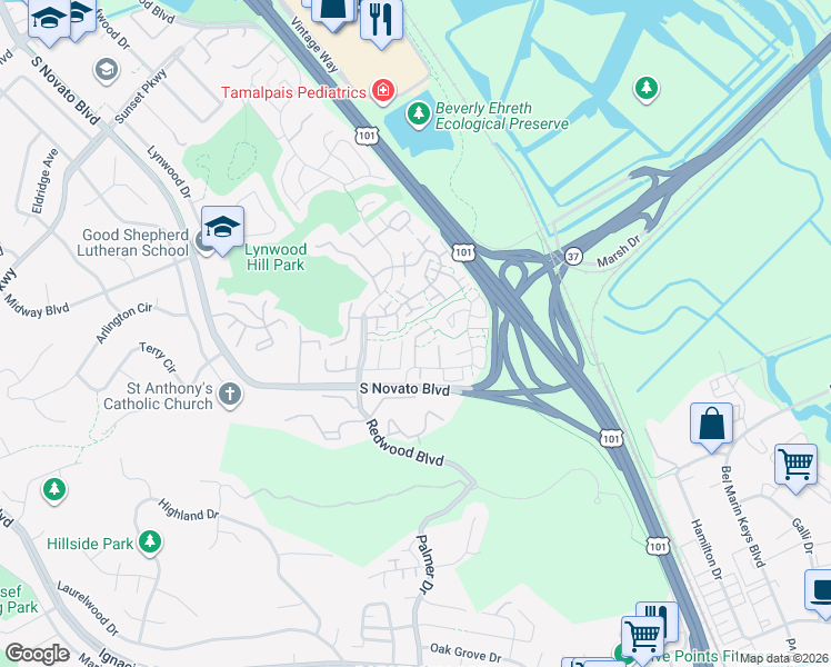 map of restaurants, bars, coffee shops, grocery stores, and more near 49 Trinity Drive in Novato
