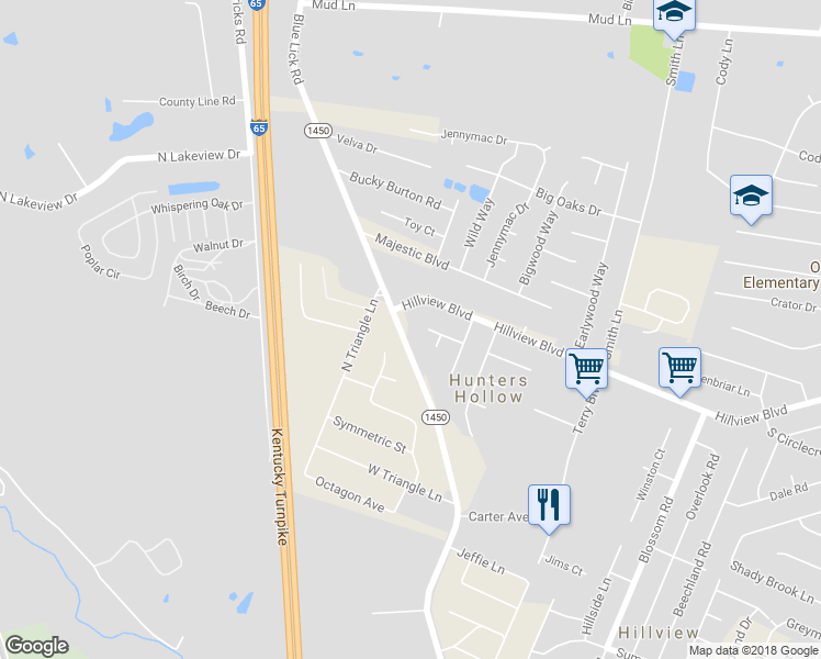 map of restaurants, bars, coffee shops, grocery stores, and more near 3735 Blue Lick Road in Louisville