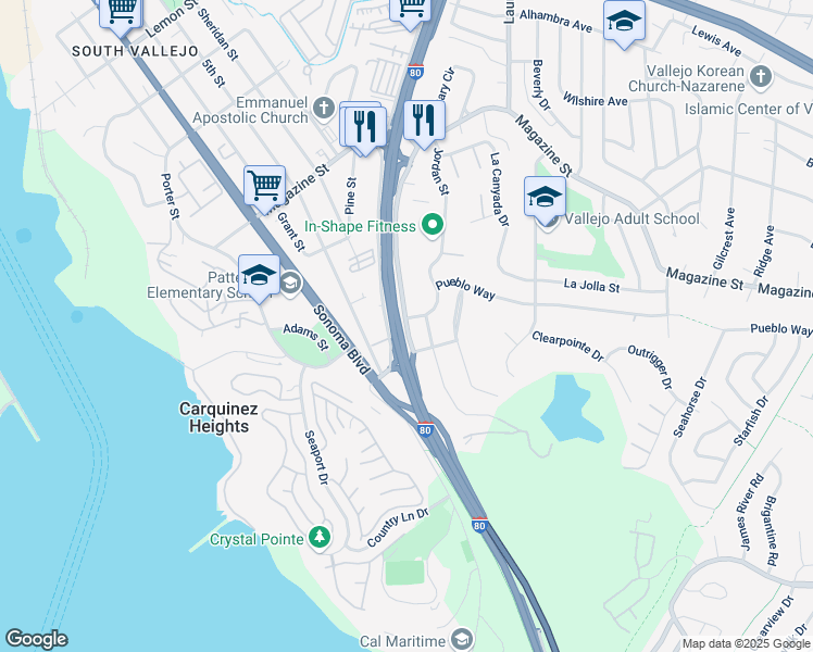 map of restaurants, bars, coffee shops, grocery stores, and more near 203 Lincoln Road East in Vallejo