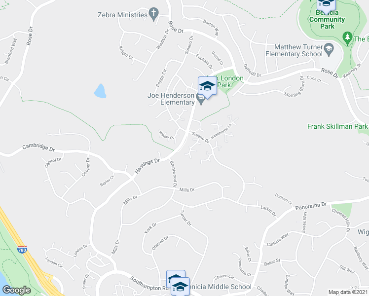 map of restaurants, bars, coffee shops, grocery stores, and more near 439 Greenbrier Court in Benicia