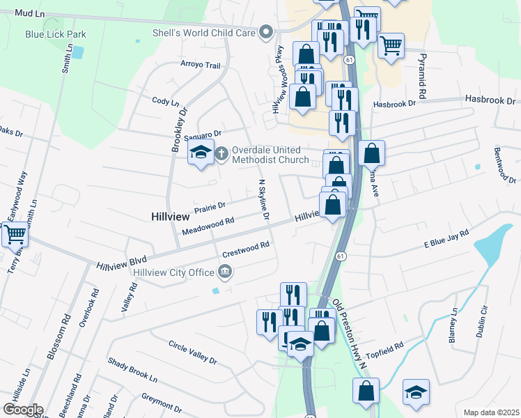 map of restaurants, bars, coffee shops, grocery stores, and more near 106 Meadowood Road in Louisville