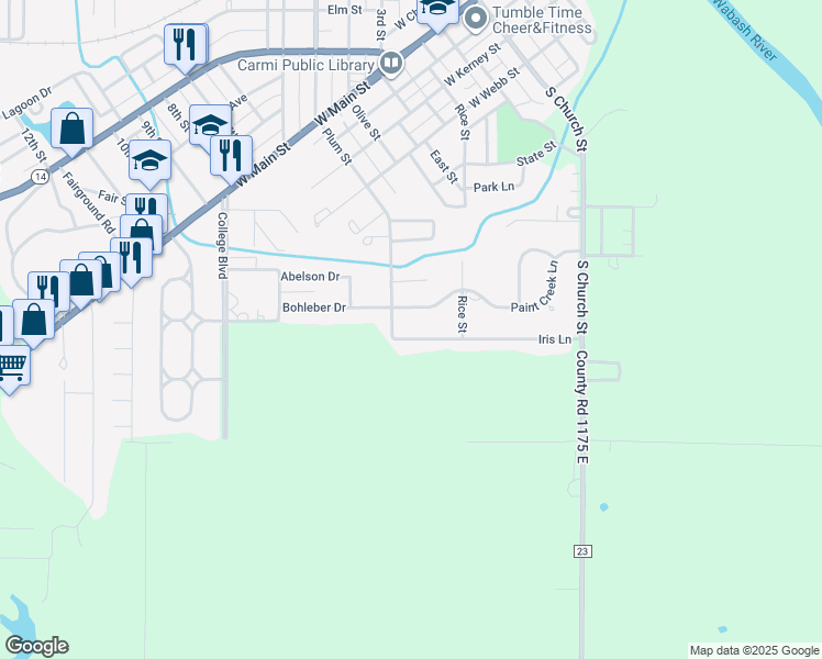 map of restaurants, bars, coffee shops, grocery stores, and more near 300-414 Iris Lane in Carmi