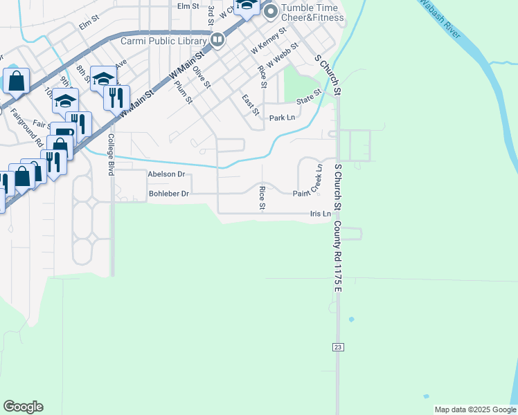 map of restaurants, bars, coffee shops, grocery stores, and more near 300 Iris Lane in Carmi