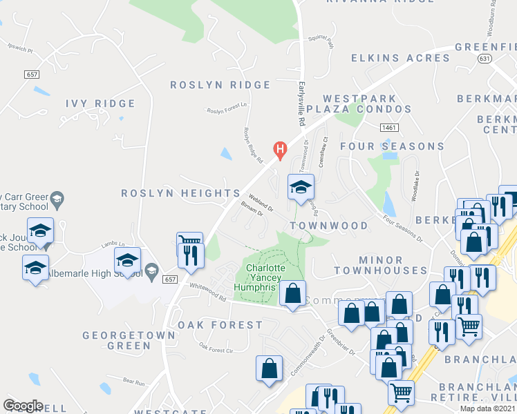 map of restaurants, bars, coffee shops, grocery stores, and more near 1561 Birnam Drive in Charlottesville