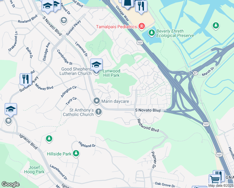 map of restaurants, bars, coffee shops, grocery stores, and more near 37 Larkspur Lane in Novato