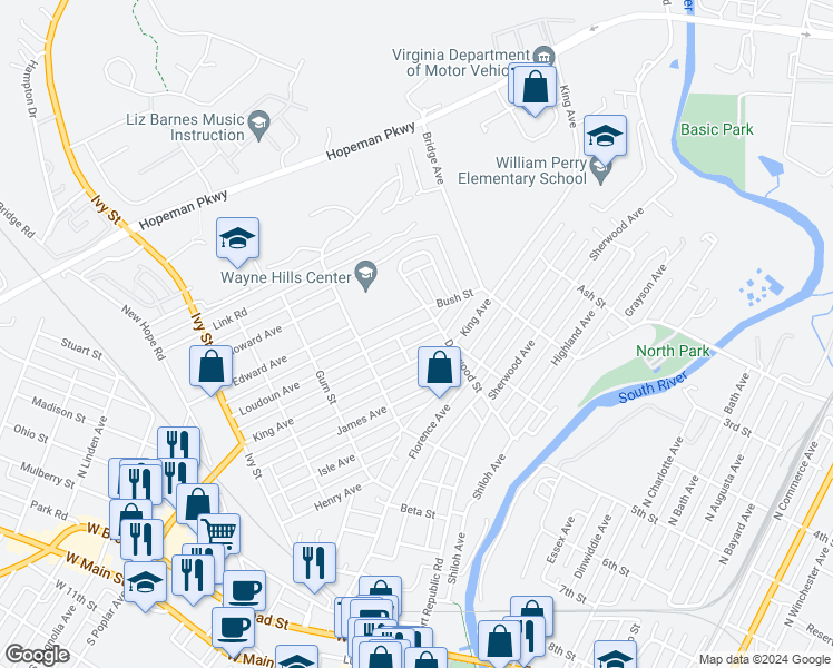 map of restaurants, bars, coffee shops, grocery stores, and more near 512 Loudoun Avenue in Waynesboro