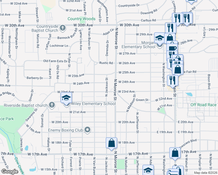 map of restaurants, bars, coffee shops, grocery stores, and more near 2301 N Monroe St in Hutchinson