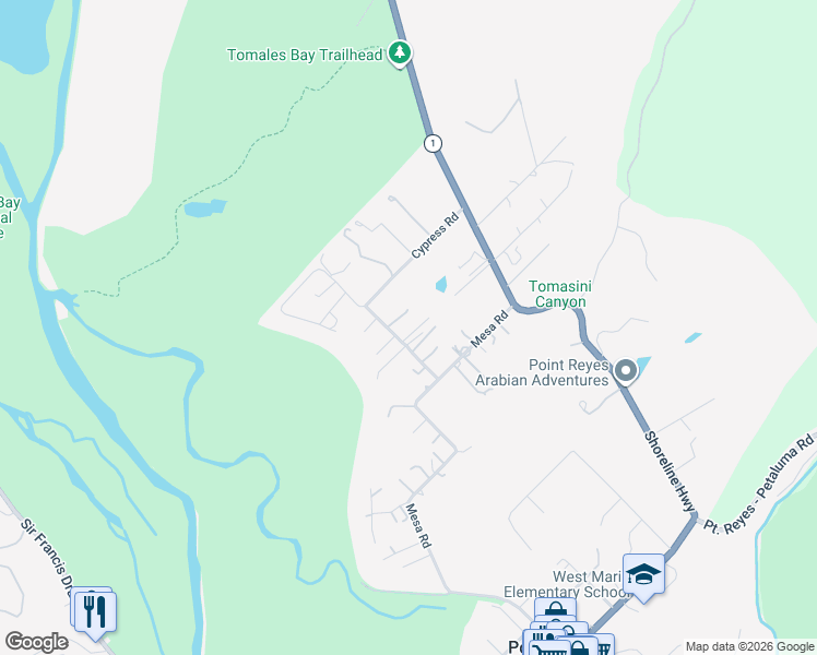 map of restaurants, bars, coffee shops, grocery stores, and more near 36 Cypress Road in Point Reyes Station