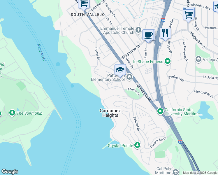 map of restaurants, bars, coffee shops, grocery stores, and more near 1169 Porter Street in Vallejo