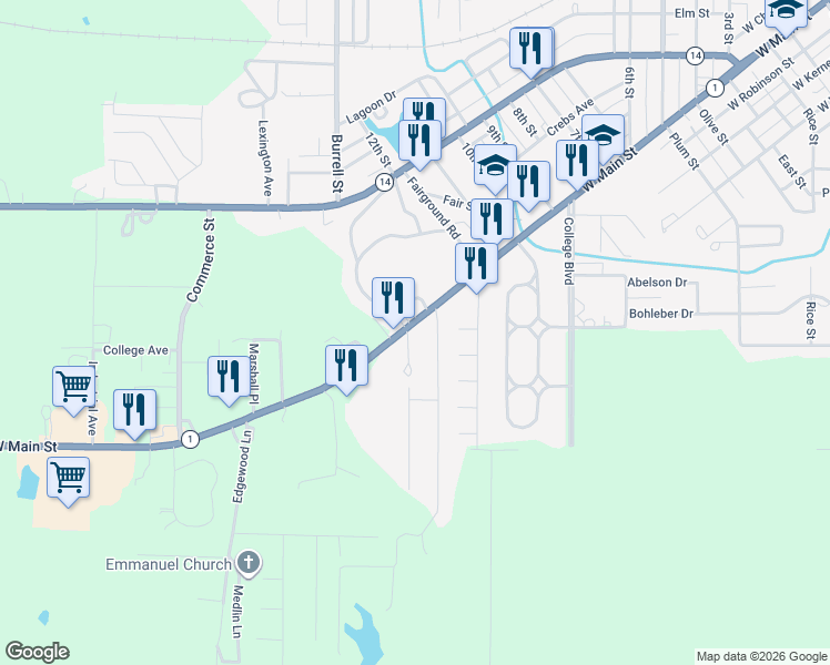 map of restaurants, bars, coffee shops, grocery stores, and more near 100-112 Neely Circle in Carmi