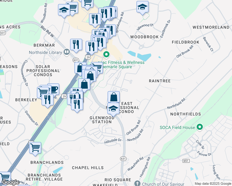 map of restaurants, bars, coffee shops, grocery stores, and more near 1525 Putt Putt Place in Charlottesville