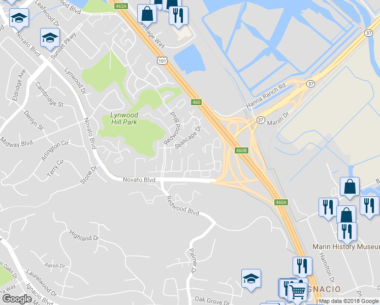 map of restaurants, bars, coffee shops, grocery stores, and more near 53 Trinity Drive in Novato
