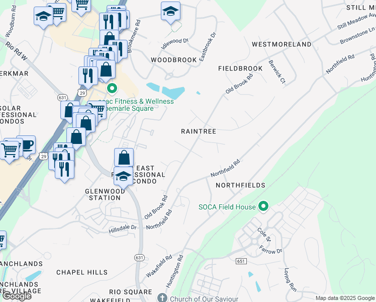 map of restaurants, bars, coffee shops, grocery stores, and more near 1037 Wildmere Place in Charlottesville