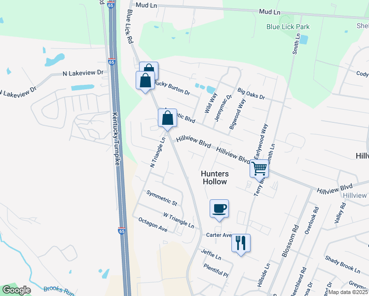 map of restaurants, bars, coffee shops, grocery stores, and more near 3735 Blue Lick Road in Louisville