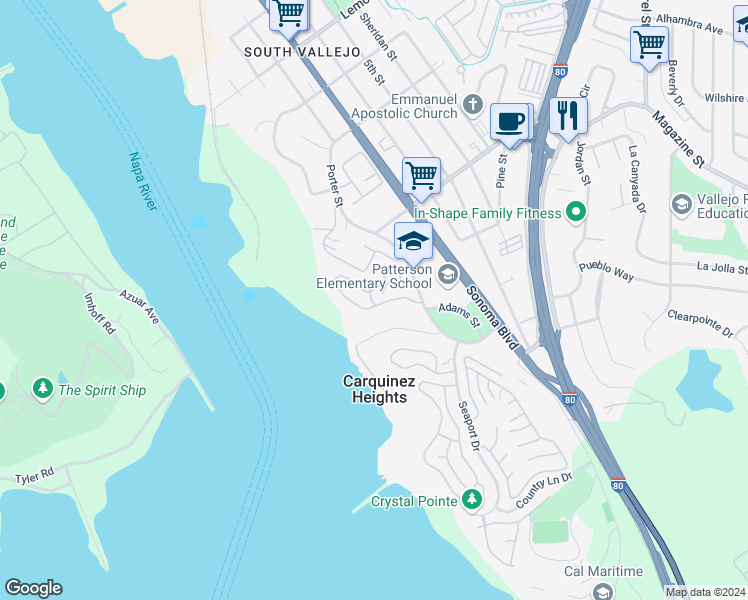 map of restaurants, bars, coffee shops, grocery stores, and more near 1107 Porter Street in Vallejo