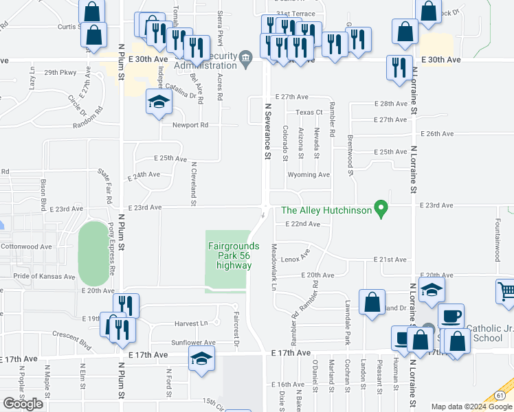 map of restaurants, bars, coffee shops, grocery stores, and more near 741 East 23rd Avenue in Hutchinson