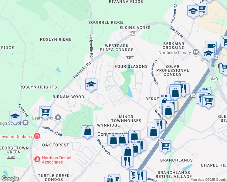 map of restaurants, bars, coffee shops, grocery stores, and more near 1119 Timber Trail Drive in Charlottesville