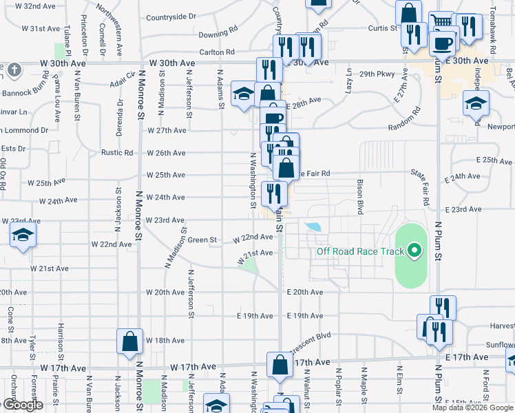map of restaurants, bars, coffee shops, grocery stores, and more near 2310 North Washington Street in Hutchinson