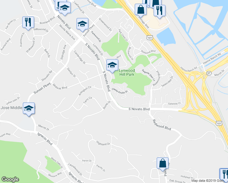 map of restaurants, bars, coffee shops, grocery stores, and more near 6 Cama Lane in Novato